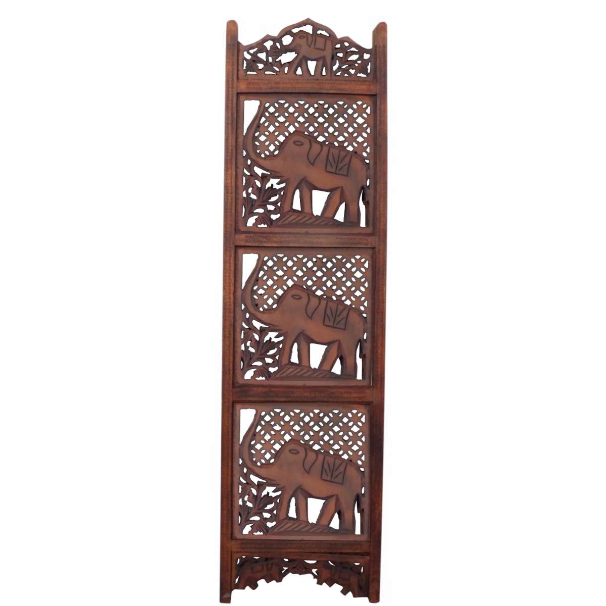 Benzara Hand Carved Elephant Design Foldable 4-Panel Wooden Room Divider, Brown By Benzara | Room Divider |  Modishstore  - 6