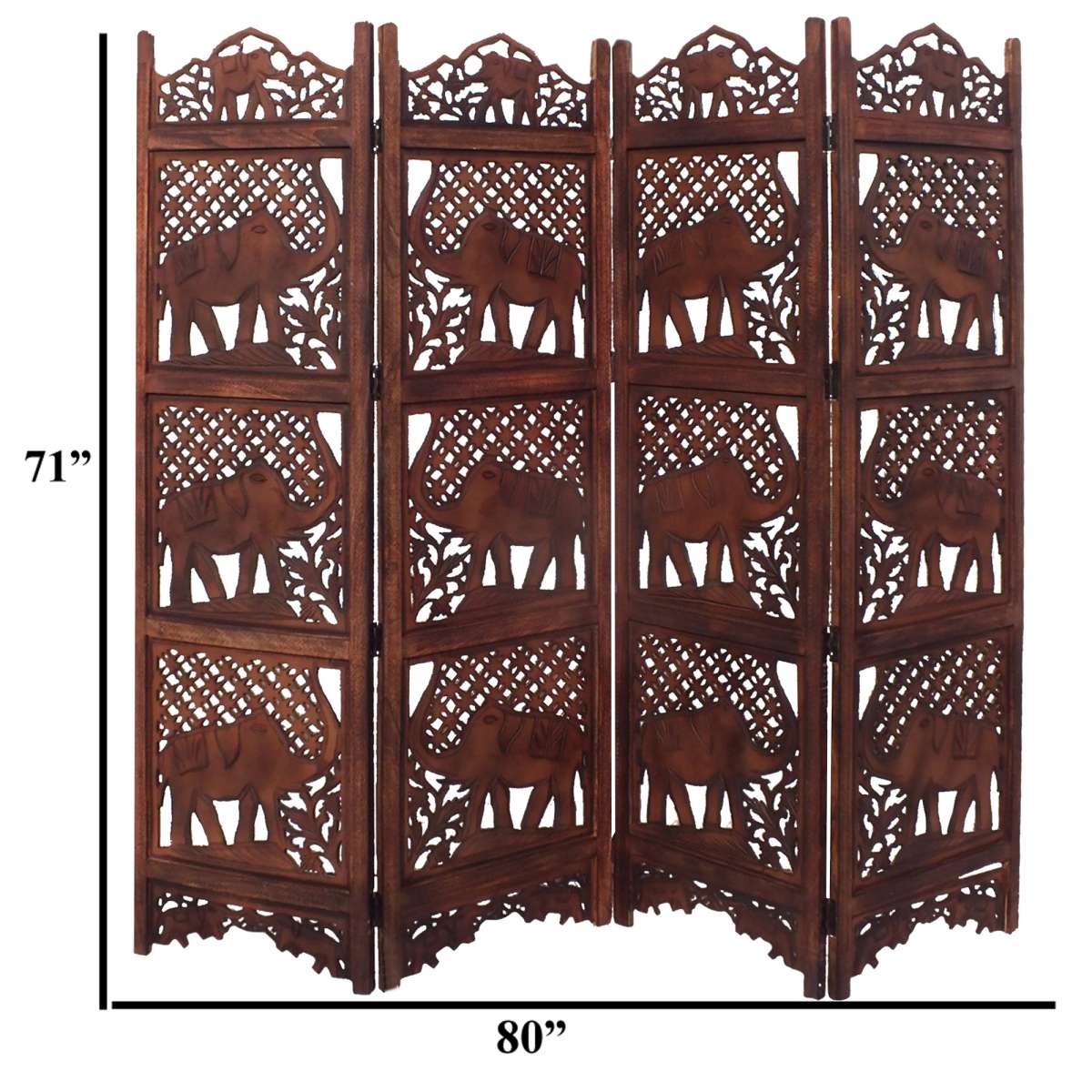 Benzara Hand Carved Elephant Design Foldable 4-Panel Wooden Room Divider, Brown By Benzara | Room Divider |  Modishstore  - 5