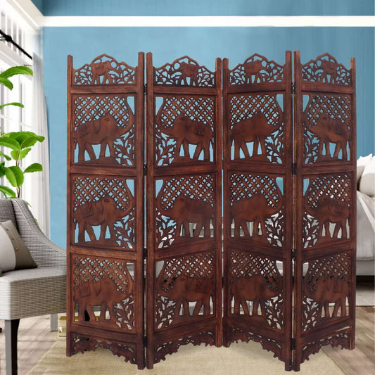 Benzara Hand Carved Elephant Design Foldable 4-Panel Wooden Room Divider, Brown By Benzara | Room Divider |  Modishstore 