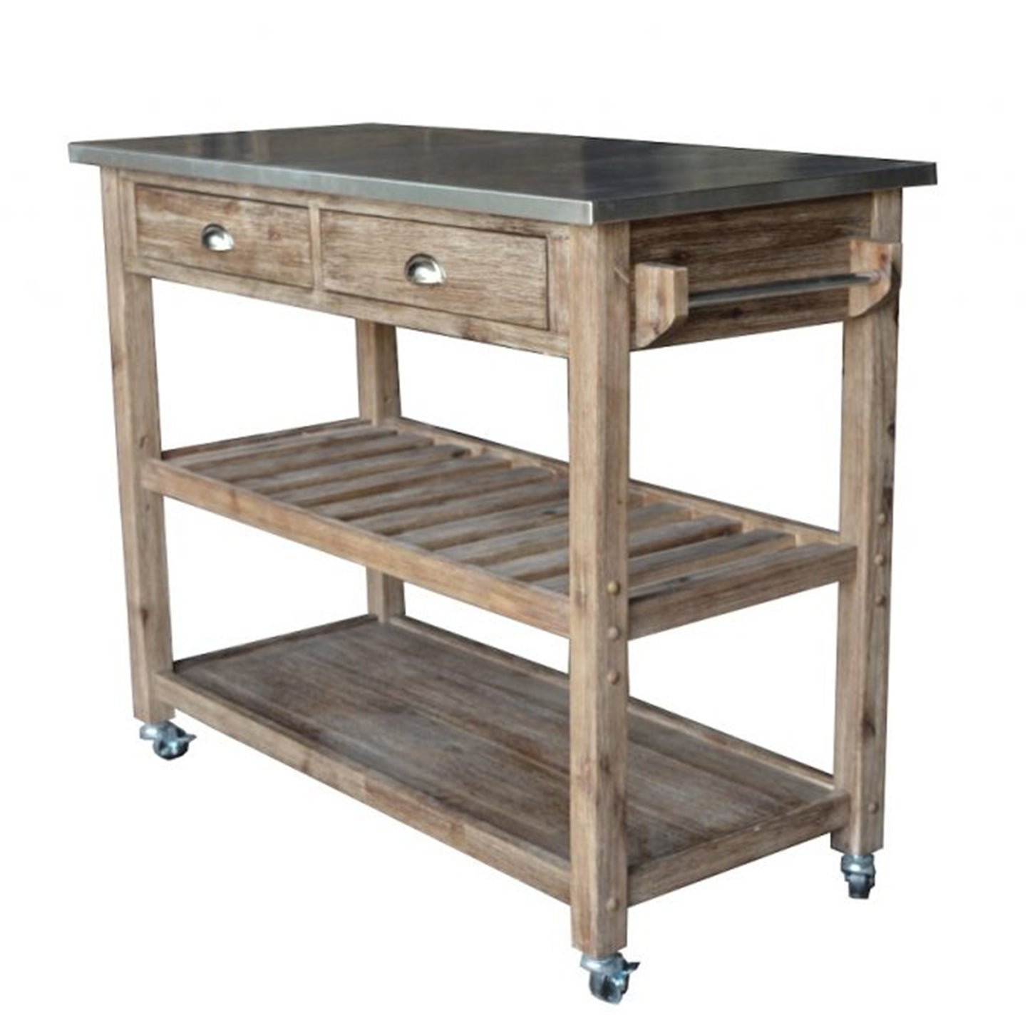 2 Drawers Wooden Frame Kitchen Cart With Metal Top And Casters, Gray By Benzara | Bar Carts |  Modishstore 