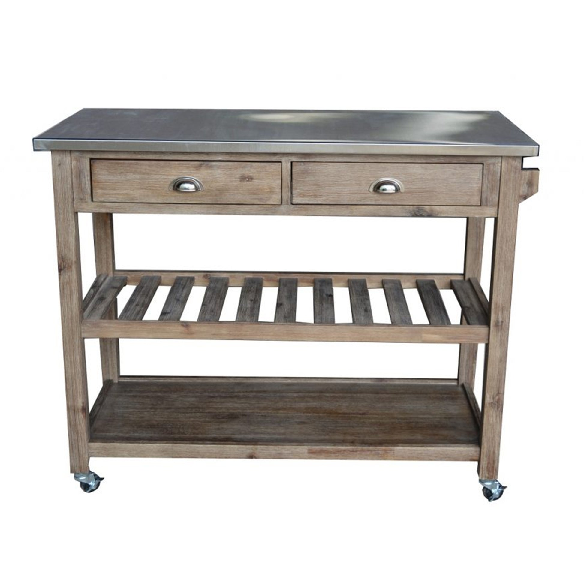 2 Drawers Wooden Frame Kitchen Cart With Metal Top And Casters, Gray By Benzara | Bar Carts |  Modishstore  - 4
