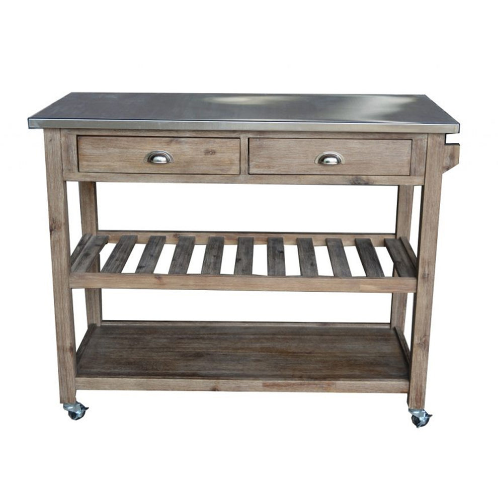 2 Drawers Wooden Frame Kitchen Cart With Metal Top And Casters, Gray By Benzara | Bar Carts |  Modishstore  - 4