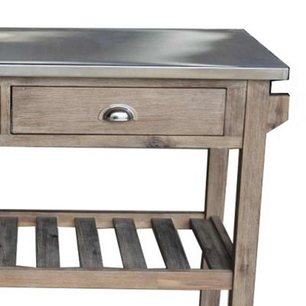 2 Drawers Wooden Frame Kitchen Cart With Metal Top And Casters, Gray By Benzara | Bar Carts |  Modishstore  - 6