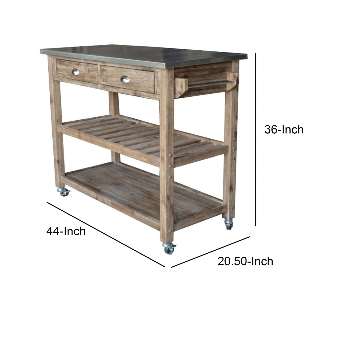 2 Drawers Wooden Frame Kitchen Cart With Metal Top And Casters, Gray By Benzara | Bar Carts |  Modishstore  - 2