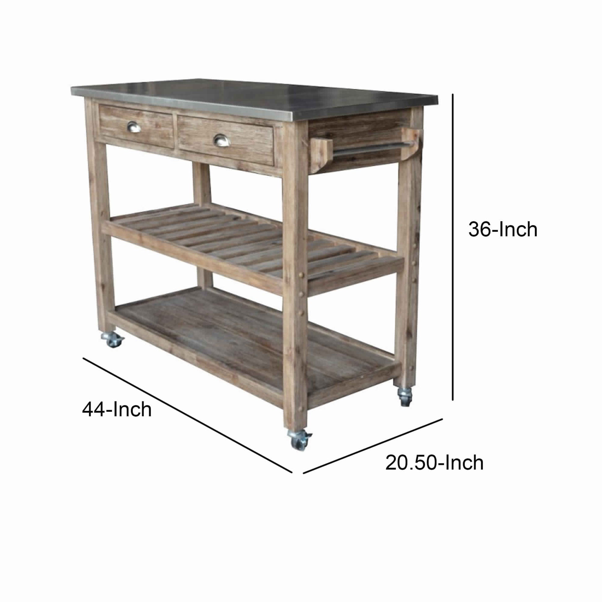 2 Drawers Wooden Frame Kitchen Cart With Metal Top And Casters, Gray By Benzara | Bar Carts |  Modishstore  - 3