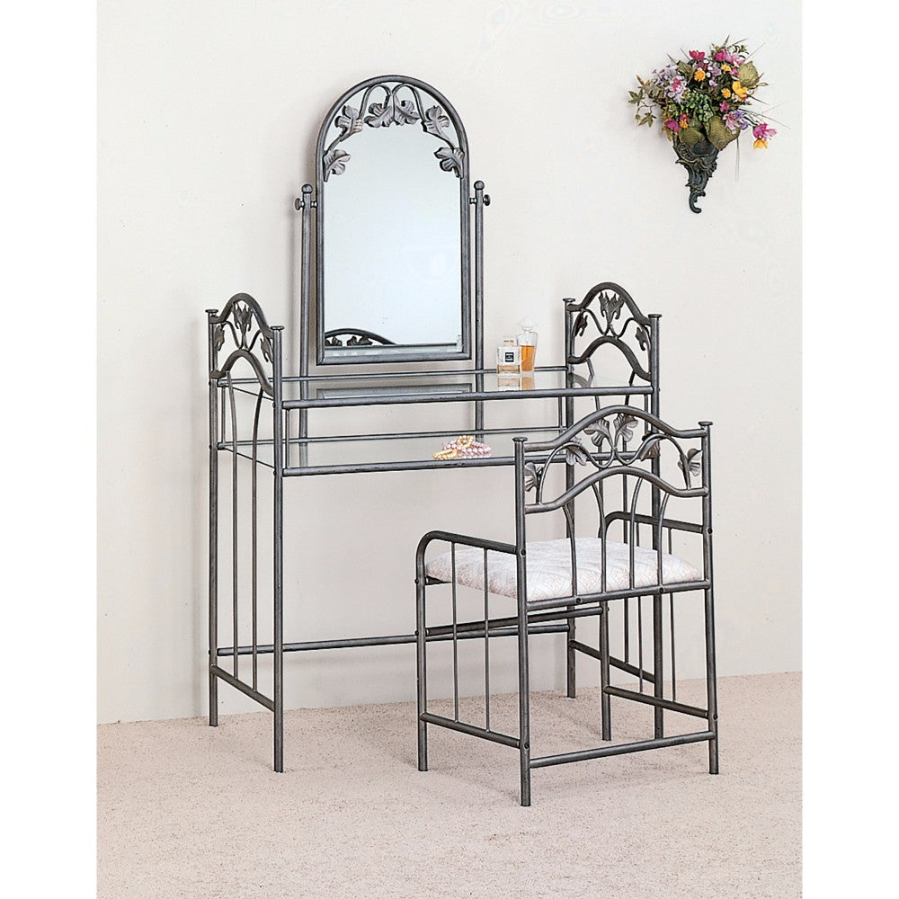 Opulent  Metal Vanity Set With Fabric Upholstered Stool, Gray  By Benzara | Bedroom Sets |  Modishstore 