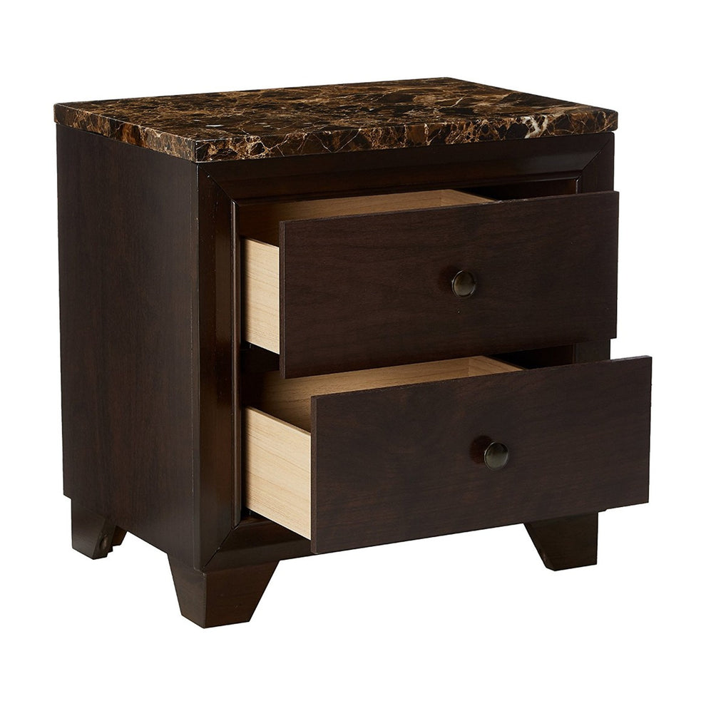 2 Drawer Wooden Nightstand With Faux Marble Top, Cappuccino Brown By Benzara | Nightstands | Modishstore - 3