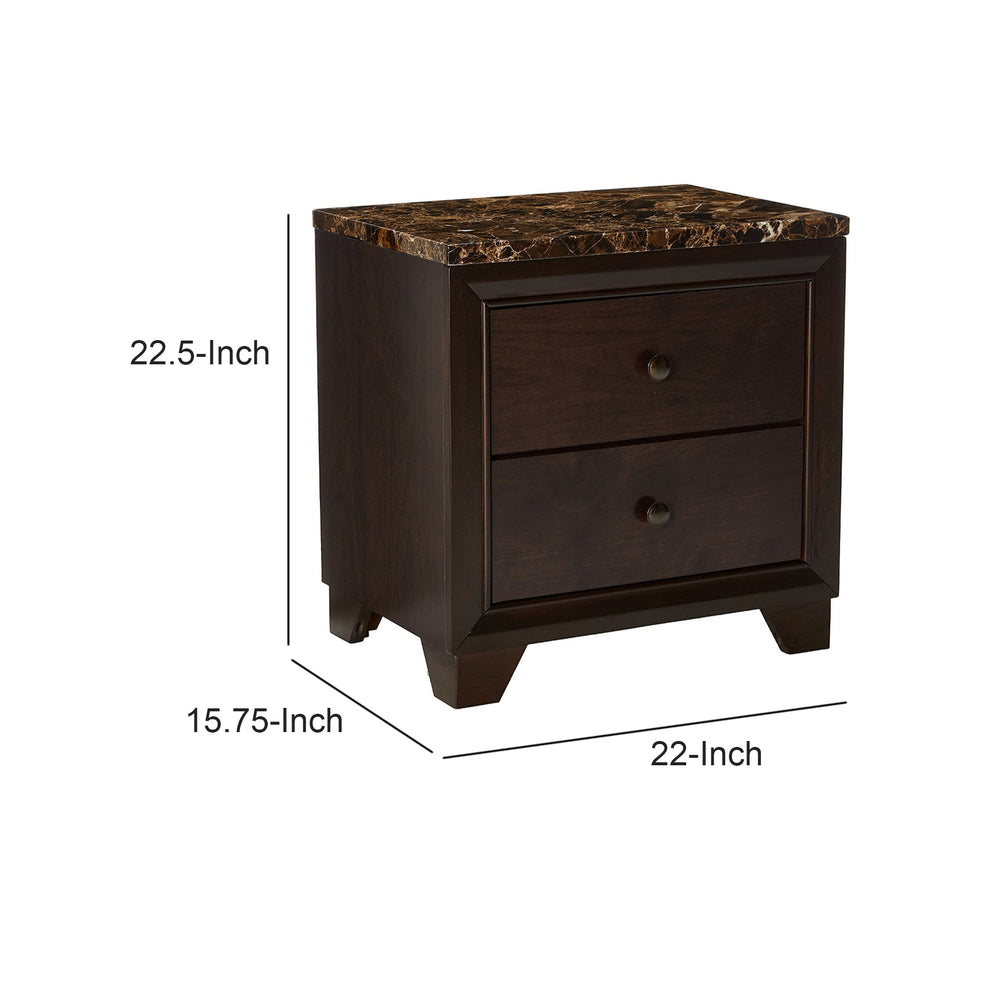 2 Drawer Wooden Nightstand With Faux Marble Top, Cappuccino Brown By Benzara | Nightstands | Modishstore - 5
