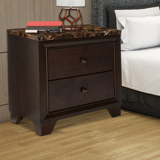 2 Drawer Wooden Nightstand With Faux Marble Top, Cappuccino Brown By Benzara | Nightstands | Modishstore