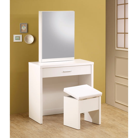 Modish Vanity With Hidden Mirror Storage And Lift-Top Stool, 2 Piece, White By Benzara | Bedroom Sets |  Modishstore 