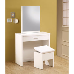 Modish Vanity With Hidden Mirror Storage And Lift-Top Stool, 2 Piece, White By Benzara