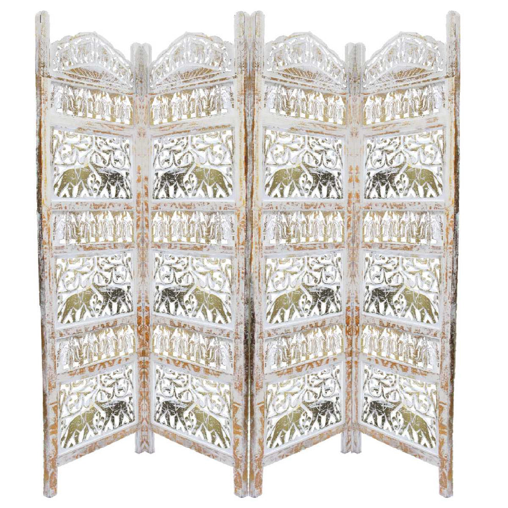 Classic 4 Panel Mango Wood Room Divider With Elephant Carvings, Gold And White By Benzara | Room Divider |  Modishstore  - 2