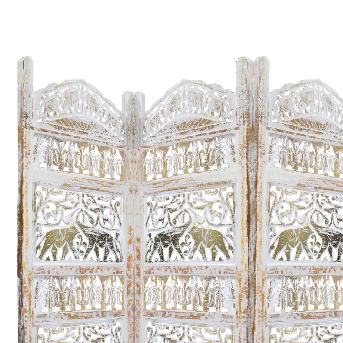 Classic 4 Panel Mango Wood Room Divider With Elephant Carvings, Gold And White By Benzara | Room Divider |  Modishstore  - 3