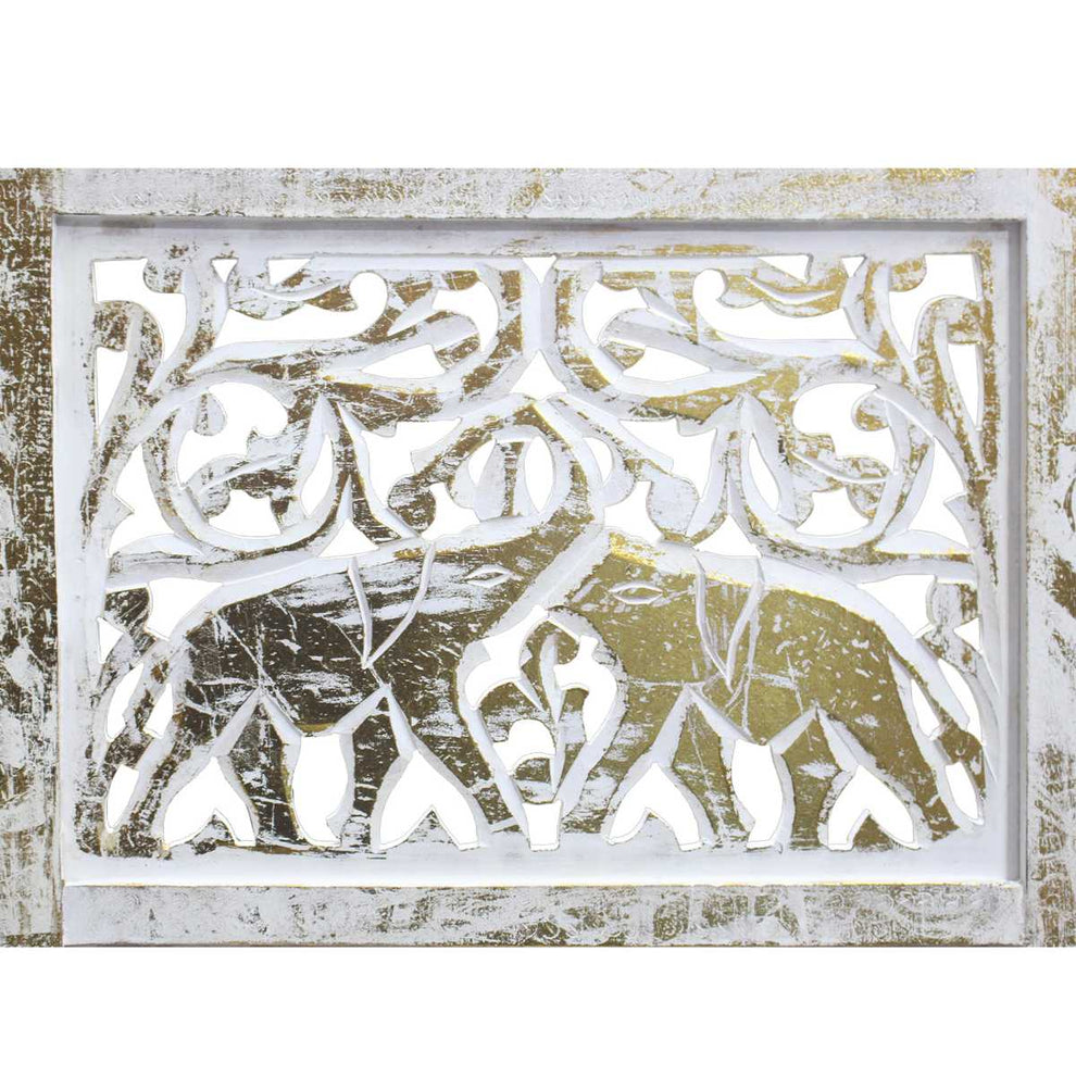 Classic 4 Panel Mango Wood Room Divider With Elephant Carvings, Gold And White By Benzara | Room Divider |  Modishstore  - 4