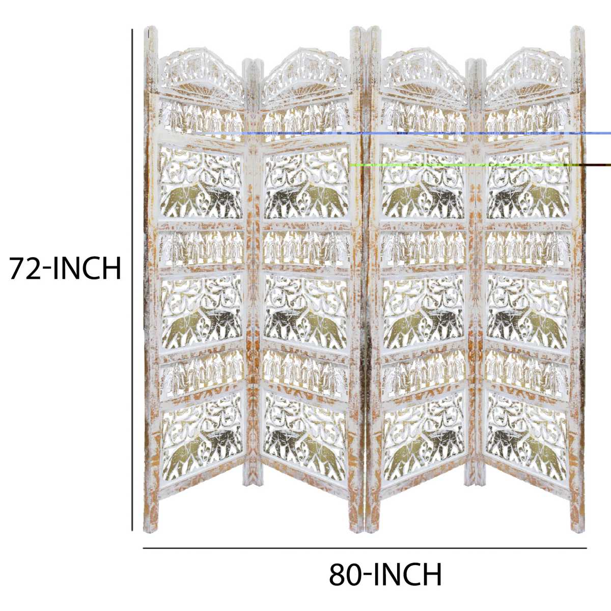 Classic 4 Panel Mango Wood Room Divider With Elephant Carvings, Gold And White By Benzara | Room Divider |  Modishstore  - 5