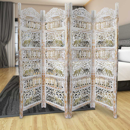 Classic 4 Panel Mango Wood Room Divider With Elephant Carvings, Gold And White By Benzara | Room Divider |  Modishstore 