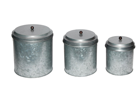 Benzara Bm82052 Galvanized Metal Lidded Canister With Ribbed Pattern, Set Of Three, Gray By Benzara | Jars & Canisters |  Modishstore 