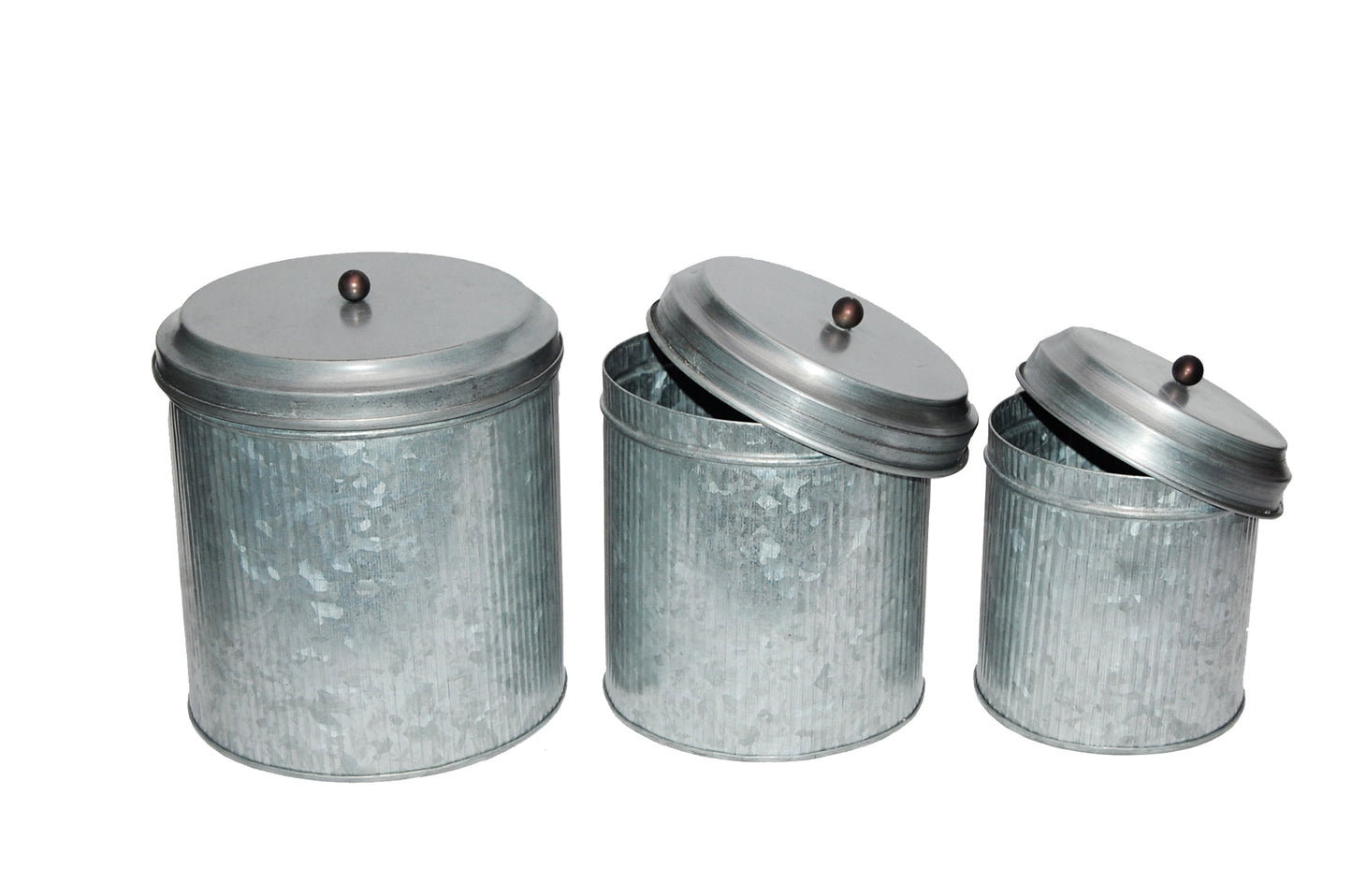Benzara Bm82052 Galvanized Metal Lidded Canister With Ribbed Pattern, Set Of Three, Gray By Benzara | Jars & Canisters |  Modishstore  - 4