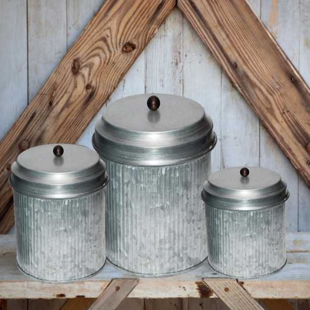 Benzara Bm82052 Galvanized Metal Lidded Canister With Ribbed Pattern, Set Of Three, Gray By Benzara | Jars & Canisters |  Modishstore  - 2