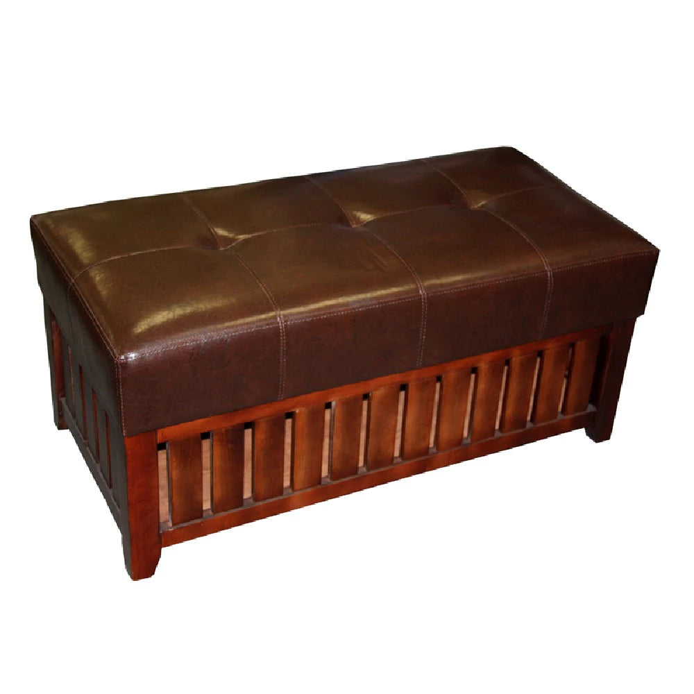Leatherette Padded Storage Bench With Slatted Design On Frame, Brown By Benzara | Benches |  Modishstore 