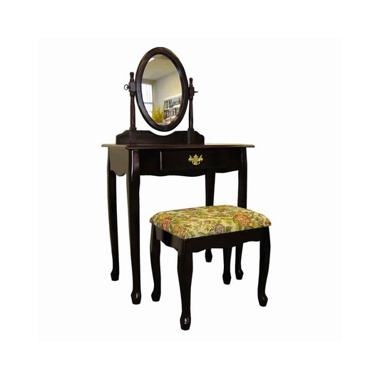 Wooden Vanity Set With Fabric Upholstered Seat,Cherry Brown And Yellow By Benzara | Dressers |  Modishstore 