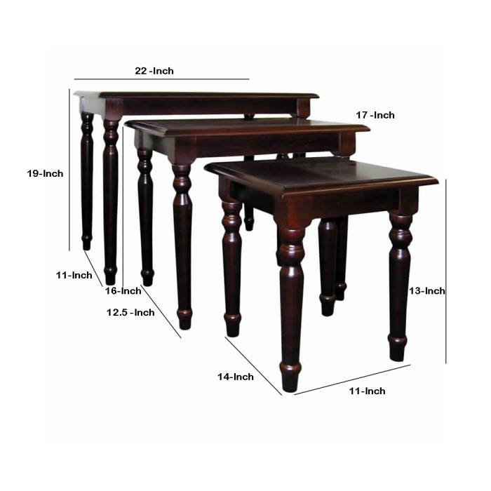 3 Piece Wooden Nesting Tables With Turned Tapered Legs, Cherry Brown By Benzara | Nesting Tables |  Modishstore  - 6