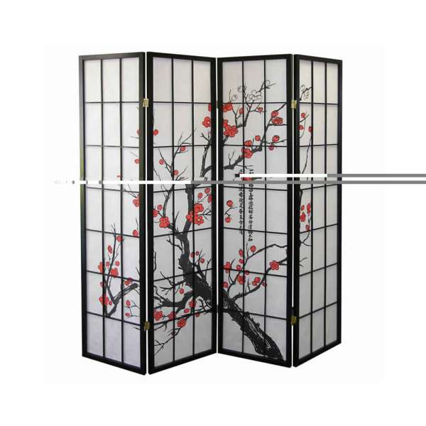 Plum Blossom Print Wood And Paper 4 Panel Room Divider, Red And Black By Benzara | Room Divider |  Modishstore 