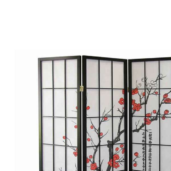 Plum Blossom Print Wood And Paper 4 Panel Room Divider, Red And Black By Benzara | Room Divider |  Modishstore  - 3
