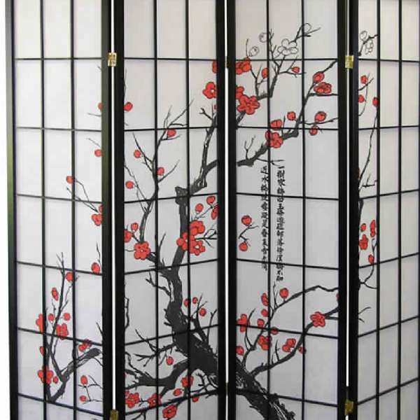 Plum Blossom Print Wood And Paper 4 Panel Room Divider, Red And Black By Benzara | Room Divider |  Modishstore  - 4