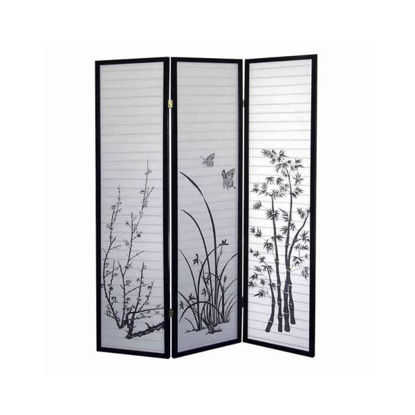 Naturistic Print Wood And Paper 3 Panel Room Divider, White And Black By Benzara | Room Divider |  Modishstore 
