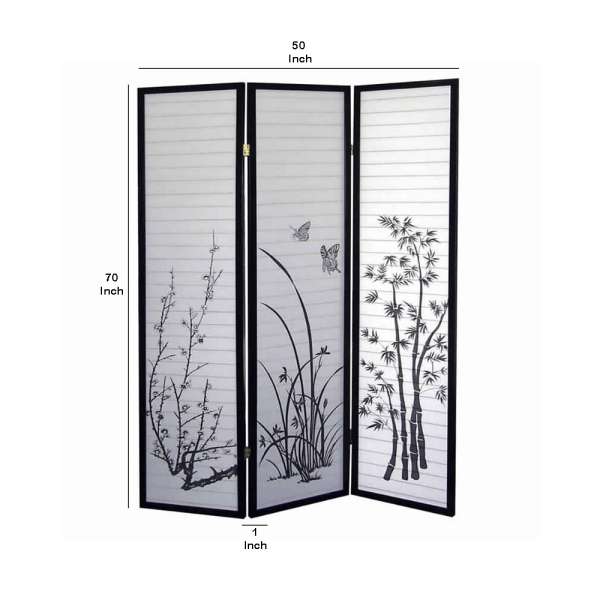 Naturistic Print Wood And Paper 3 Panel Room Divider, White And Black By Benzara | Room Divider |  Modishstore  - 5