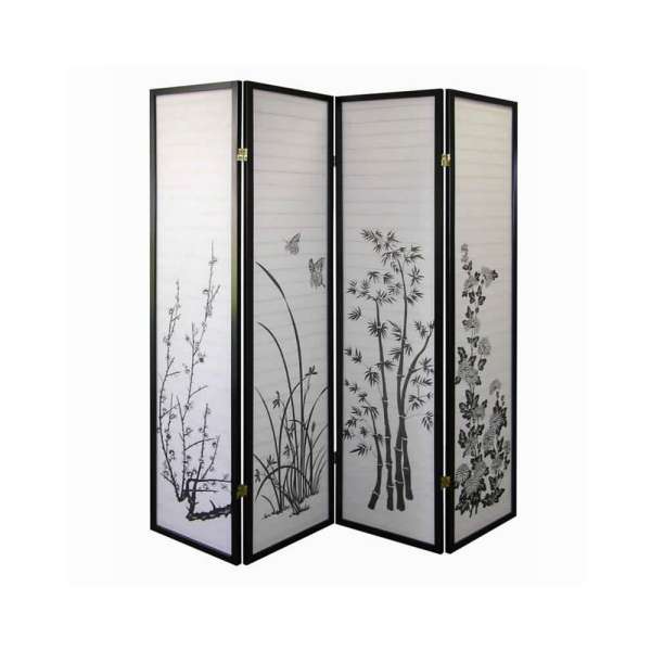 Naturistic Print Wood And Paper 4 Panel Room Divider, White And Black By Benzara | Room Divider |  Modishstore 