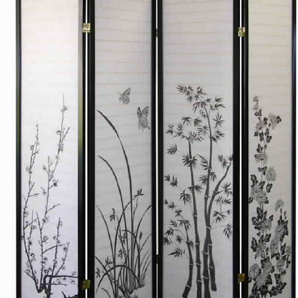 Naturistic Print Wood And Paper 4 Panel Room Divider, White And Black By Benzara | Room Divider |  Modishstore  - 4