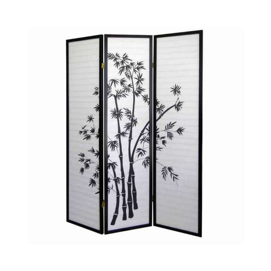 Wood And Paper 3 Panel Room Divider With Bamboo Print, White And Black By Benzara | Room Divider |  Modishstore 