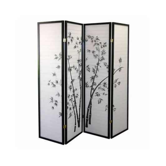 Wood And Paper 4 Panel Room Divider With Bamboo Print, White And Black By Benzara | Room Divider |  Modishstore 