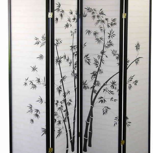 Wood And Paper 4 Panel Room Divider With Bamboo Print, White And Black By Benzara | Room Divider |  Modishstore  - 4