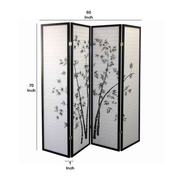 Wood And Paper 4 Panel Room Divider With Bamboo Print, White And Black By Benzara | Room Divider |  Modishstore  - 5