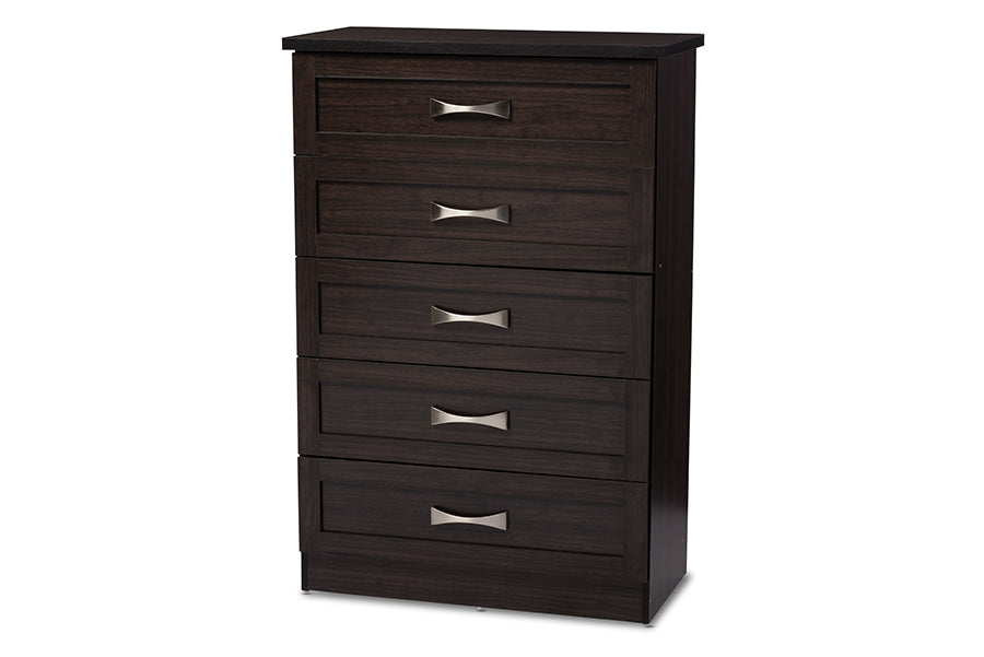 baxton studio colburn modern and contemporary 5 drawer dark brown finish wood tallboy storage chest | Modish Furniture Store-2