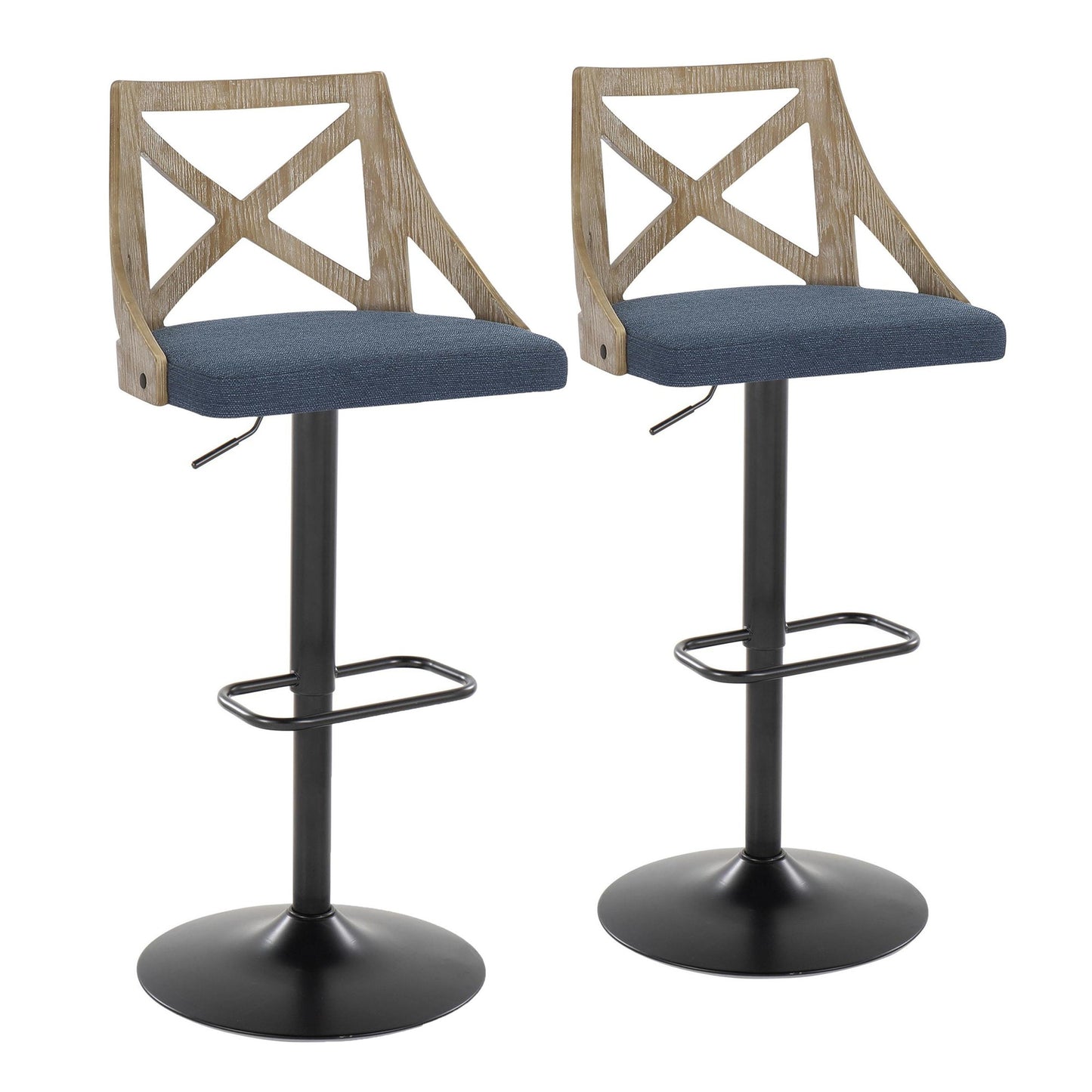 Charlotte Farmhouse Adjustable Height Barstool with Swivel in Black Metal, White Washed Wood, Blue Fabric and Rounded Rectangle Footrest By LumiSource - Set of 2 | Bar Stools | Modishstore - 2