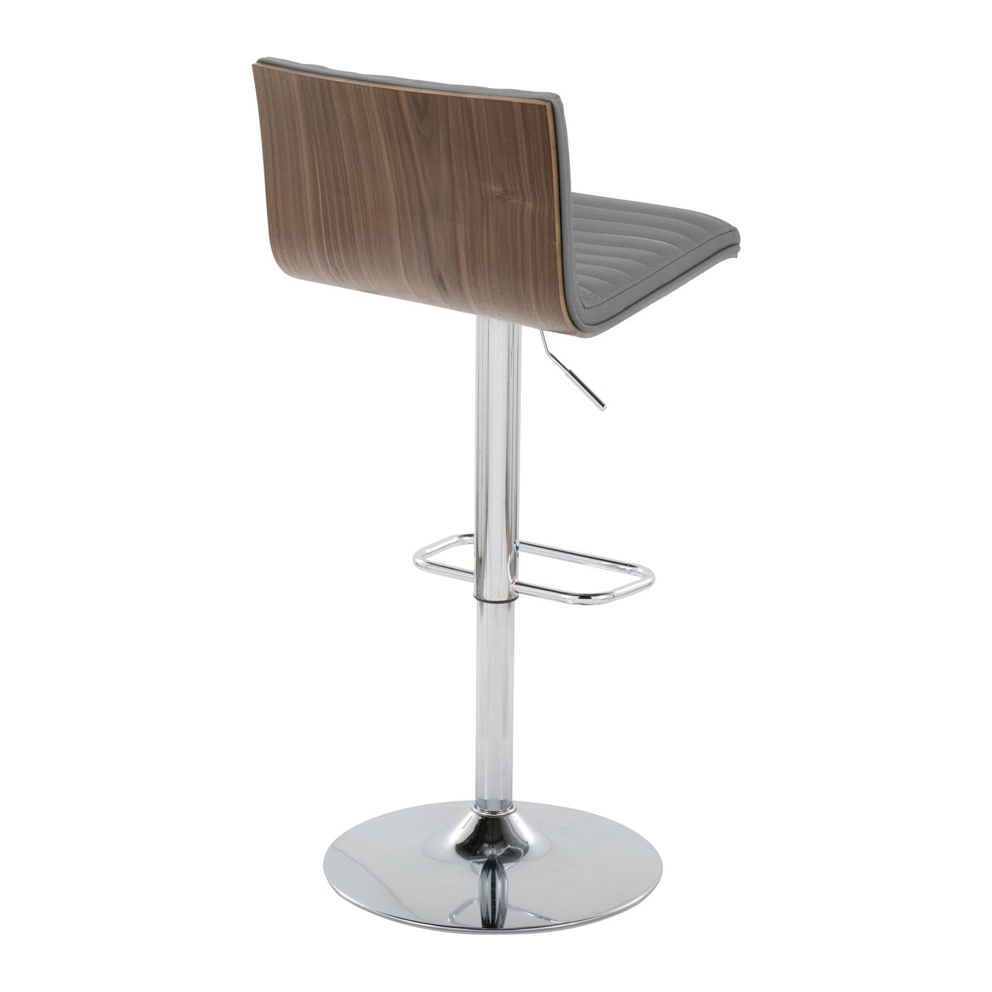 Mason Contemporary Adjustable Barstool with Swivel in Chrome Metal, Walnut Wood and Grey Faux Leather with Rounded Rectangle Footrest By LumiSource - Set of 2 | Bar Stools | Modishstore - 6