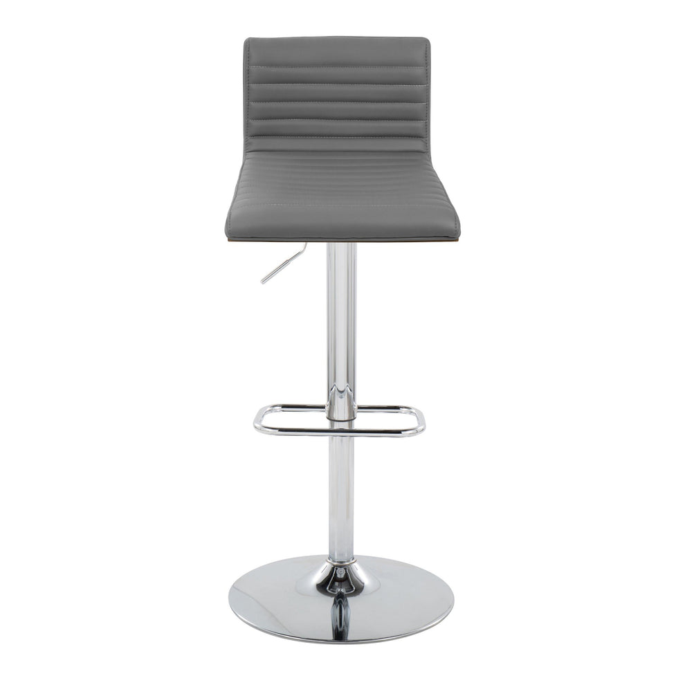Mason Contemporary Adjustable Barstool with Swivel in Chrome Metal, Walnut Wood and Grey Faux Leather with Rounded Rectangle Footrest By LumiSource - Set of 2 | Bar Stools | Modishstore - 2