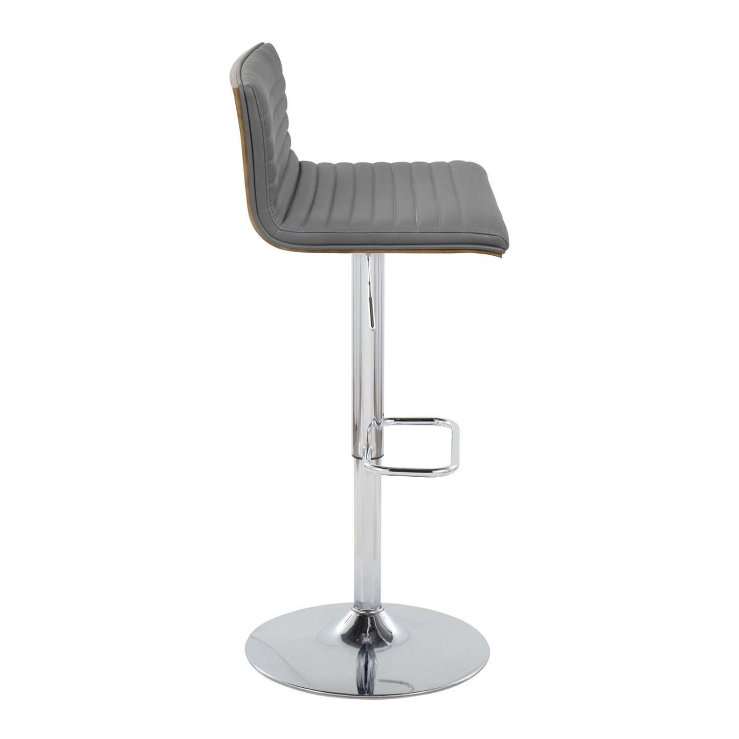 Mason Contemporary Adjustable Barstool with Swivel in Chrome Metal, Walnut Wood and Grey Faux Leather with Rounded Rectangle Footrest By LumiSource - Set of 2 | Bar Stools | Modishstore - 5