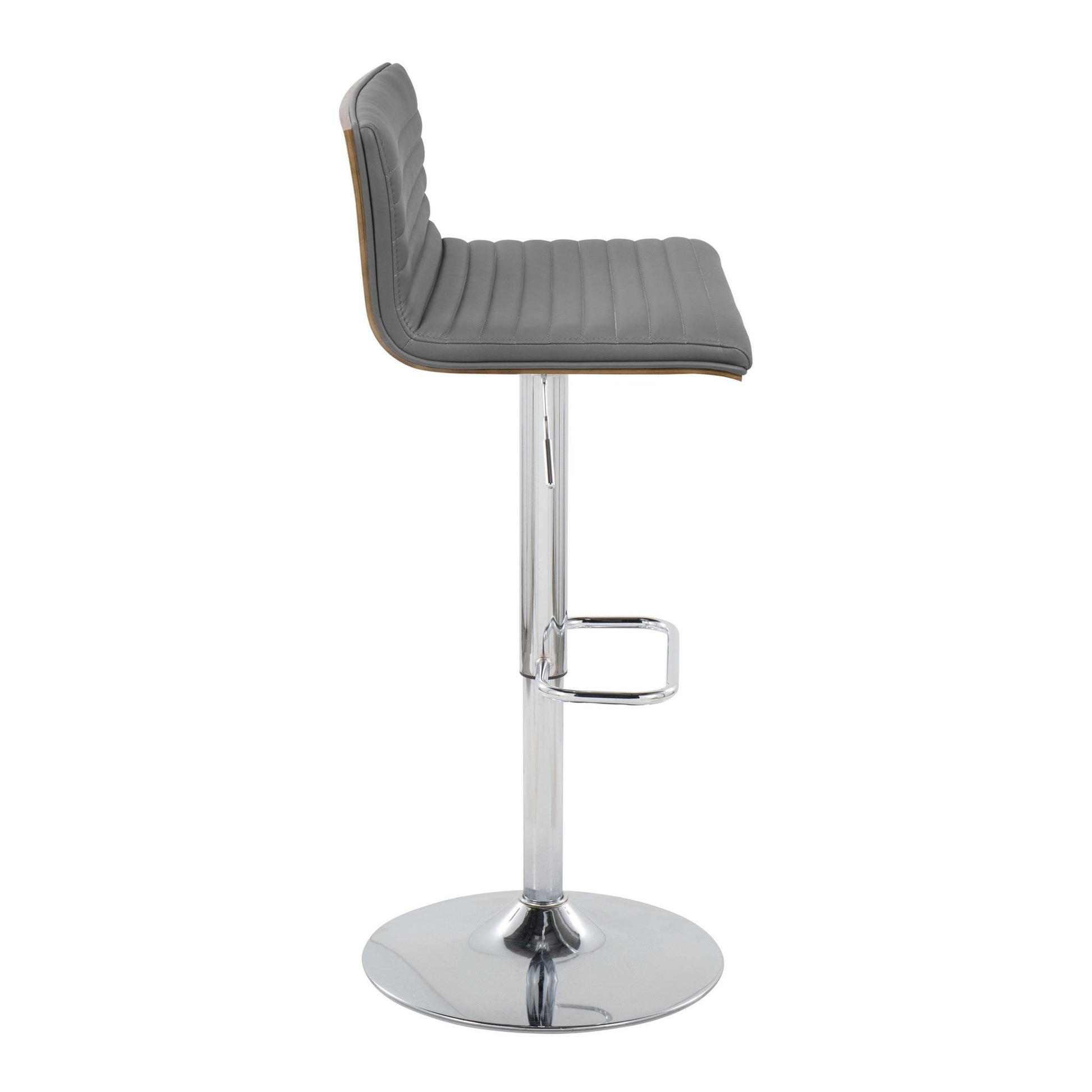 Mason Contemporary Adjustable Barstool with Swivel in Chrome Metal, Walnut Wood and Grey Faux Leather with Rounded Rectangle Footrest By LumiSource - Set of 2 | Bar Stools | Modishstore - 5