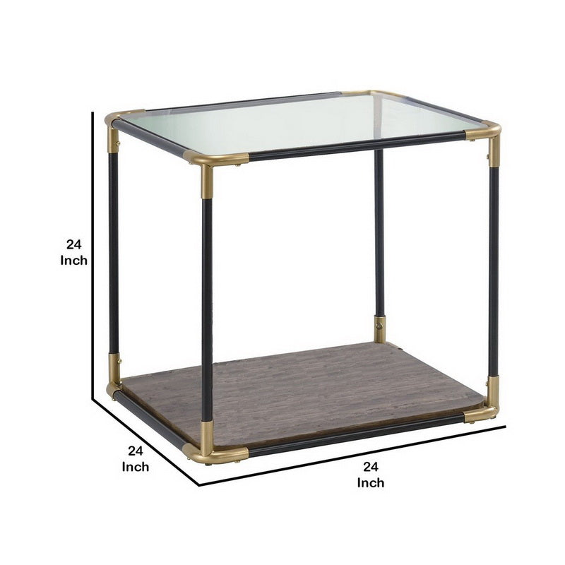 Modern Style Glass Top End Table With Cuboidal Design, Gold And Brown - Bm221507 By Benzara | End Tables |  Modishstore  - 5