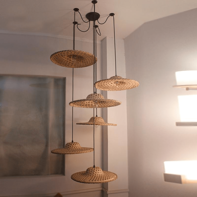 Bamboo Wicker Rattan Hat Shade Adjustable Spider Chandelier-A by Artisan Living | ModishStore | Chandeliers-7