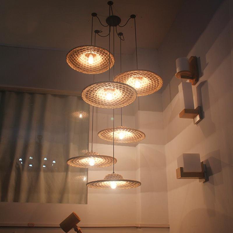 Bamboo Wicker Rattan Hat Shade Adjustable Spider Chandelier - B by Artisan Living | ModishStore | Chandeliers