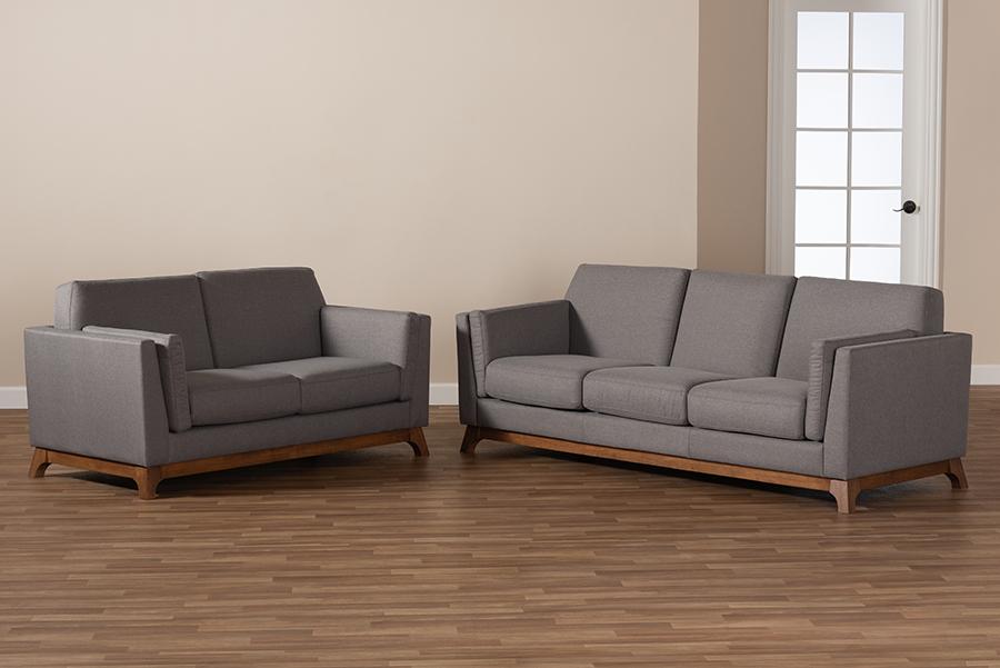 Baxton Studio Sava Mid-Century Modern Grey Fabric Upholstered Walnut Wood 2-Piece Living Room Set | Modishstore | Loveseats-2