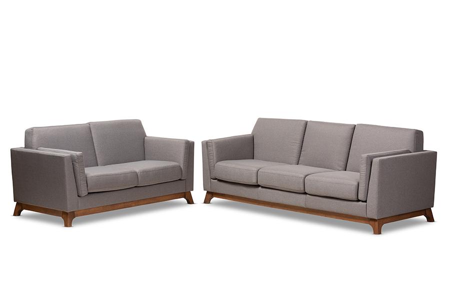 Baxton Studio Sava Mid-Century Modern Grey Fabric Upholstered Walnut Wood 2-Piece Living Room Set | Modishstore | Loveseats-3