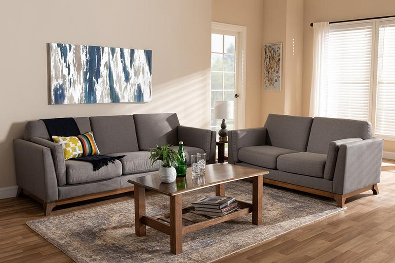 Baxton Studio Sava Mid-Century Modern Grey Fabric Upholstered Walnut Wood 2-Piece Living Room Set | Modishstore | Loveseats
