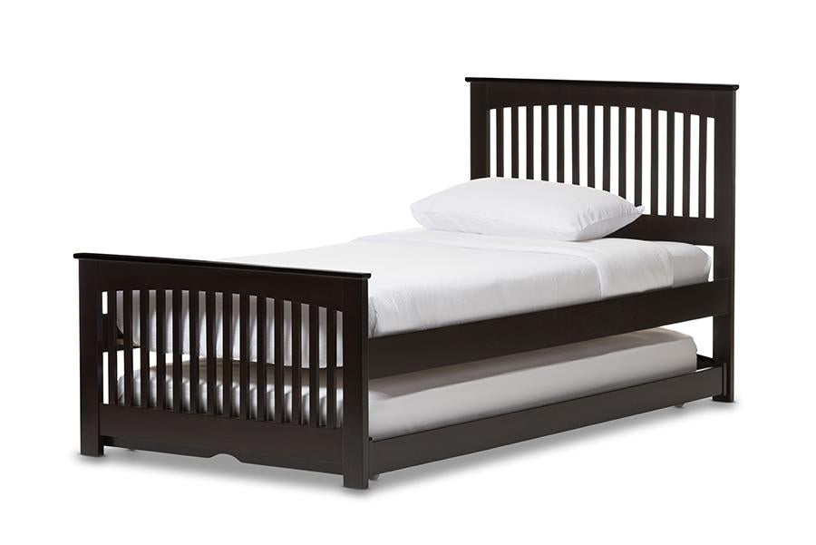 baxton studio hevea twin size dark brown solid wood platform bed with guest trundle bed | Modish Furniture Store-2
